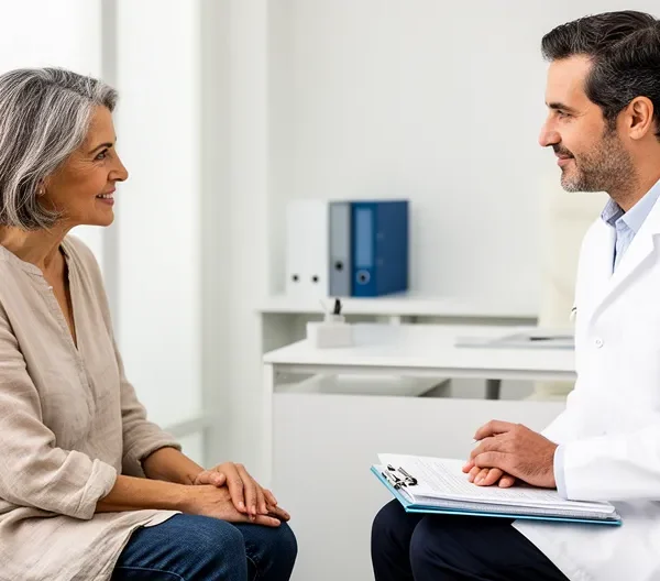 Patiente en consultation avec chirurgien du pied dans cabinet médical moderne à Nice