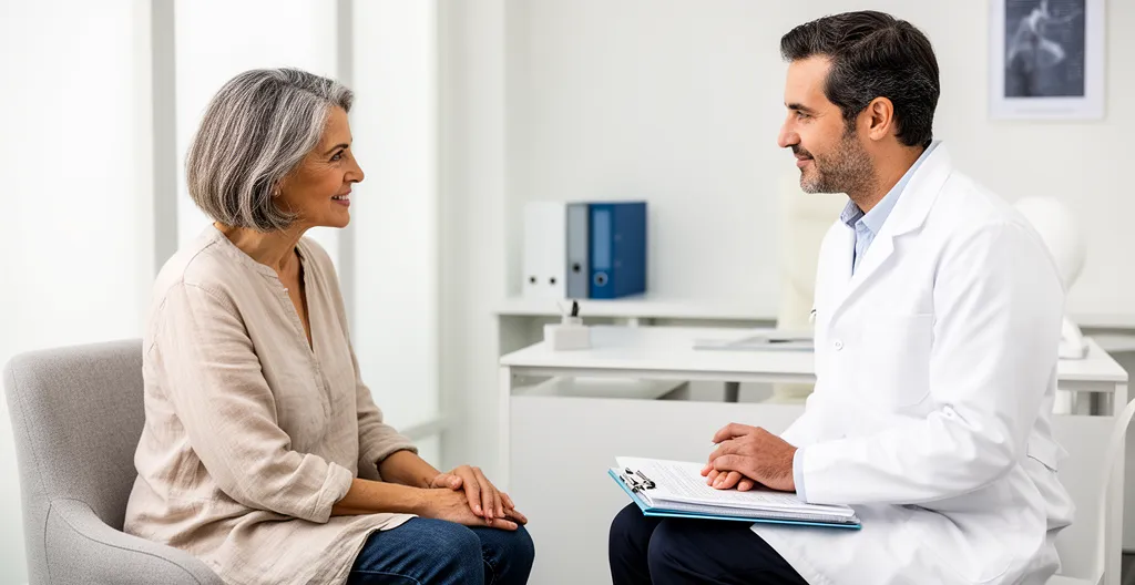 Patiente en consultation avec chirurgien du pied dans cabinet médical moderne à Nice