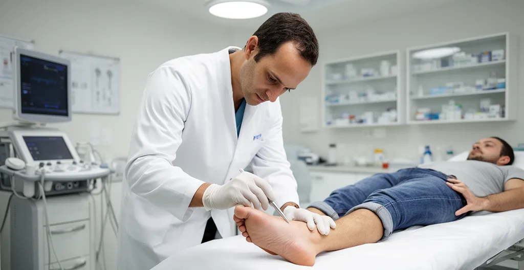 Chirurgien orthopédiste examinant le pied d'un patient lors d'une consultation