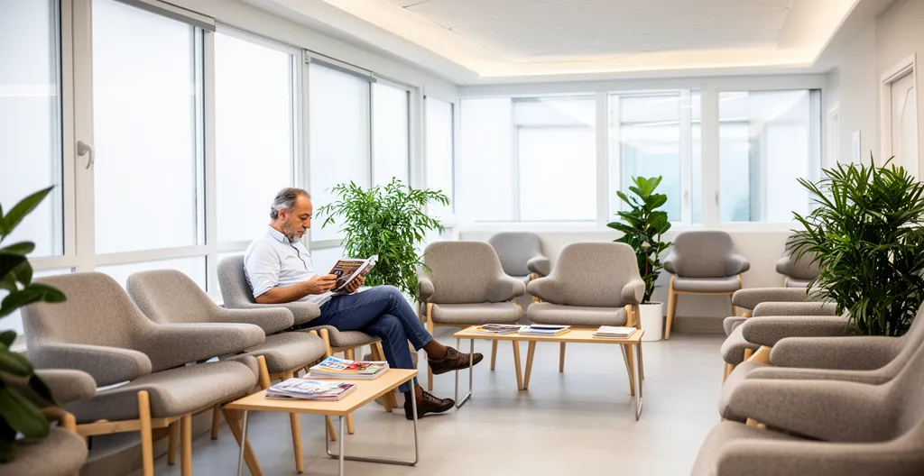 Salle d'attente lumineuse d'un cabinet médical moderne avec patient consultant documents