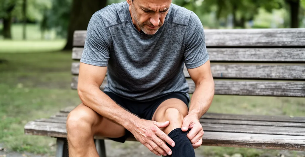 Coureur amateur vérifiant sa cheville après un entraînement dans un parc niçois